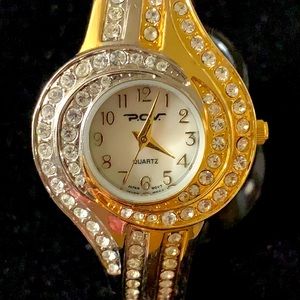 POV watch Two tone crystal cuff bracelet euc 8”